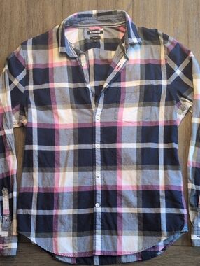 Express Men’s Navy Plaid Button-Down Shirt with Pink and Gray